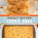 Two pictures of cookie bars with a blue text box.