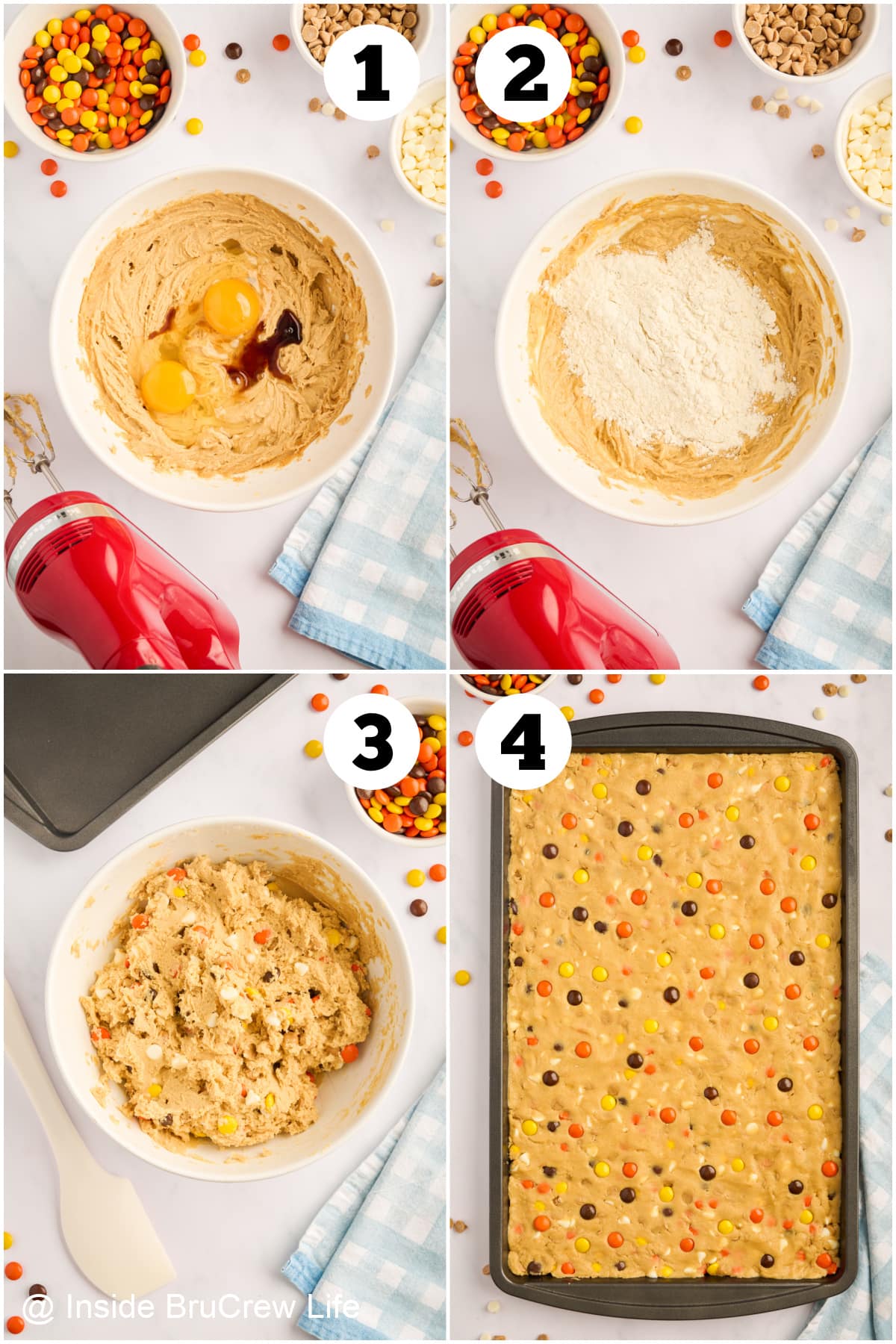 Four pictures collaged together showing how to make cookie dough for bar cookies.
