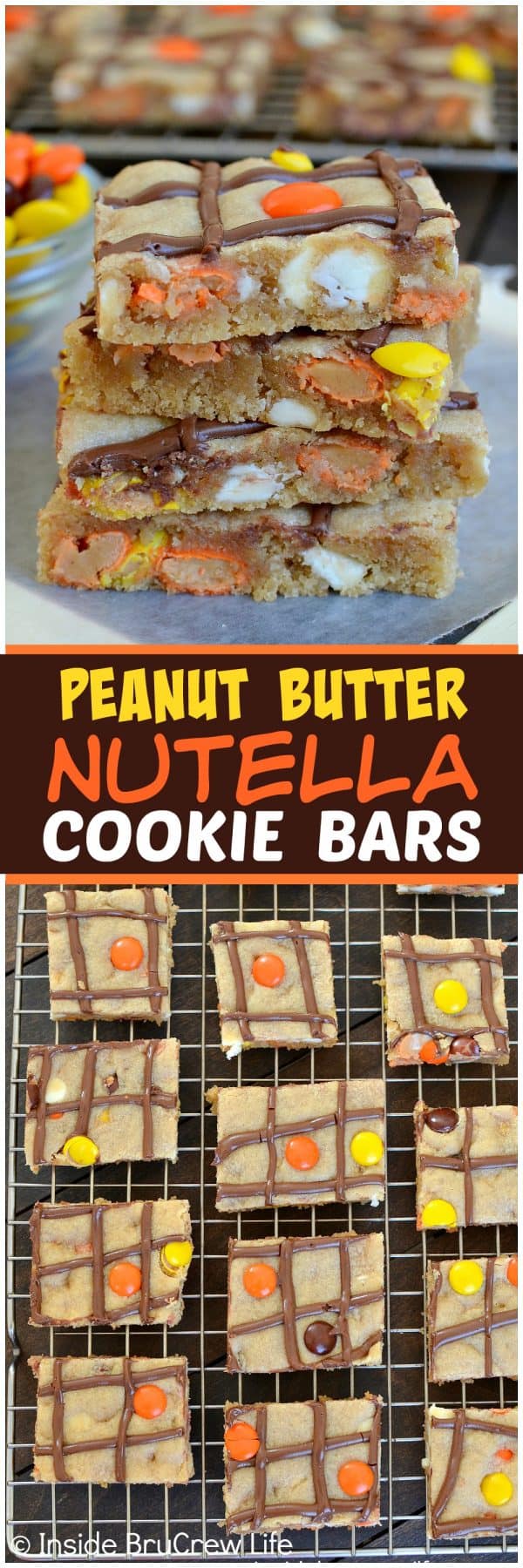 Peanut Butter Nutella Cookie Bars - these easy bar cookies are loaded with white chocolate, Reese's pieces, and Nutella drizzles. Great recipe when you want cookies in a hurry!
