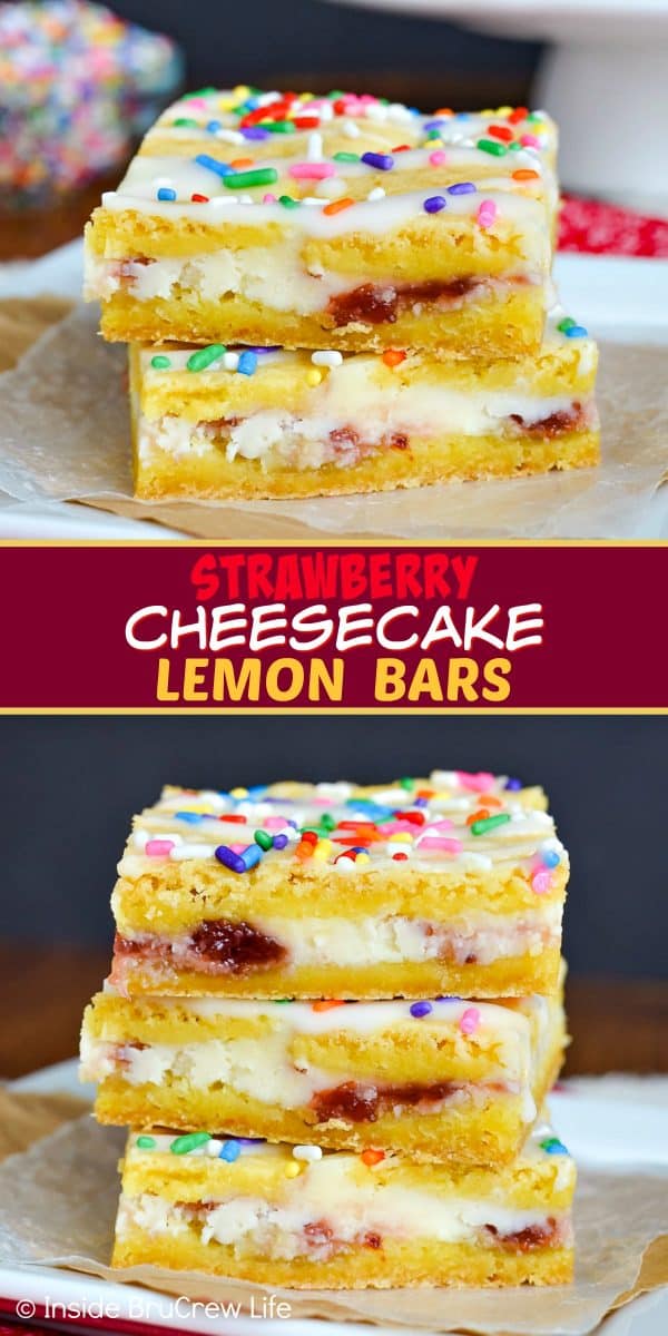 Strawberry Cheesecake Lemon Bars - a creamy strawberry cheesecake adds a fun flavor to these easy lemon bars. Make this easy recipe the next time you need to bring dessert! #lemon #lemonbars #cakemixrecipes #springdessert #cheesecake #strawberry