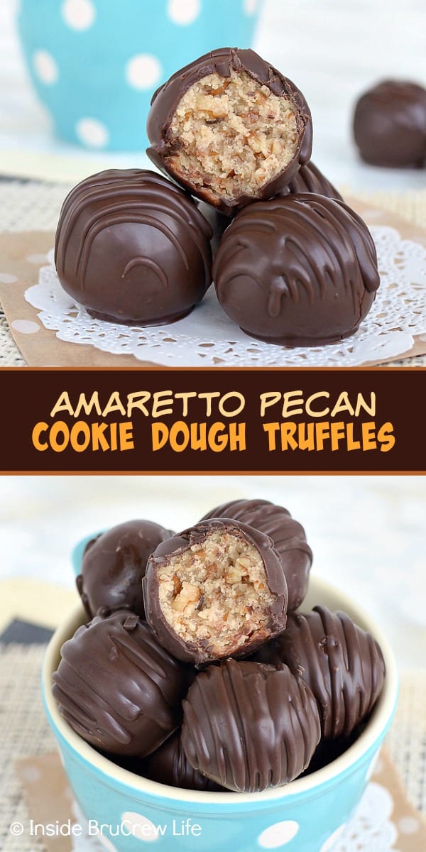 Amaretto Pecan Cookie Dough Truffles - these edible cookie dough bites are loaded with pecan pieces. Easy recipe to make for holiday parties! #nobake #cookiedough #pecan #truffles