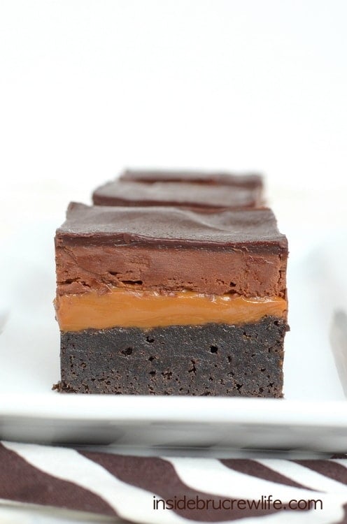 Chocolate and caramel layers add a decadent and delicious flair to homemade brownies.