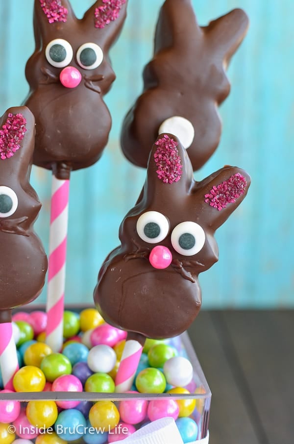 A close up of a chocolate covered marshmallow bunny on a straw in a jar of candies.