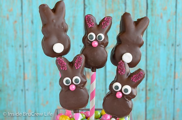 Five chocolate covered marshmallow bunnies with candy faces on white and pink straws.
