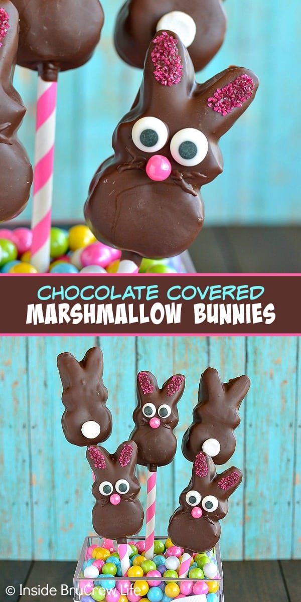 Two pictures of chocolate covered marshmallow bunnies collaged together with a text block.