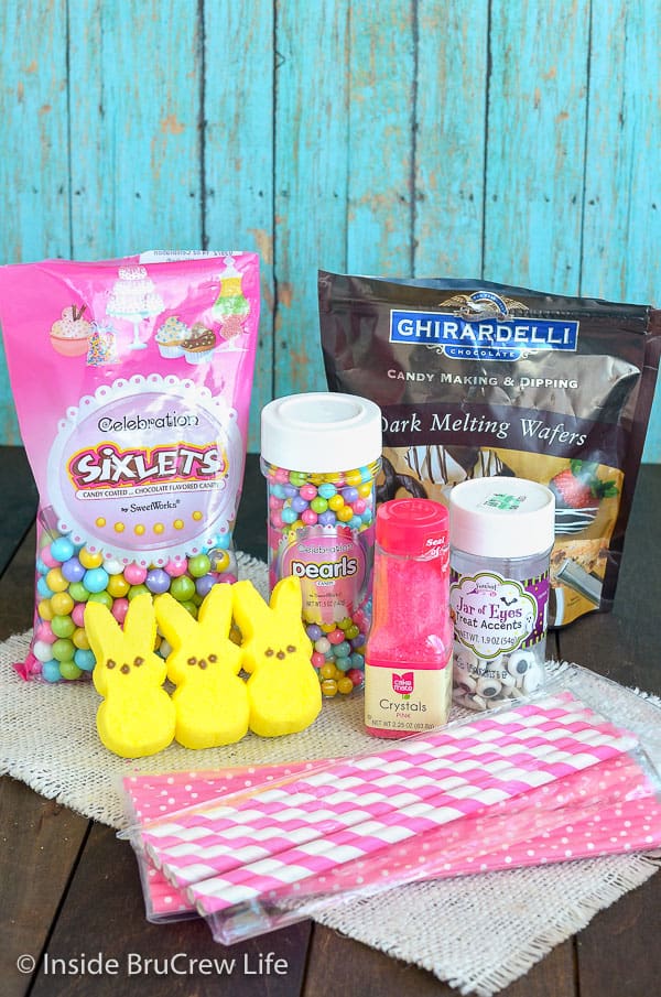 Picture of supplies needed for chocolate covered marshmallow bunnies.