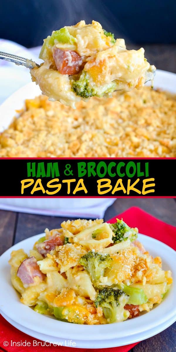 Ham and Broccoli Pasta Bake - this ooey gooey comfort food dinner gets rave reviews from everyone. Great dinner recipe to use up leftover ham. #ham #pasta #easydinner #recipe #broccoli #cheese #comfortfood #easydinnerrecipe #cheesypasta