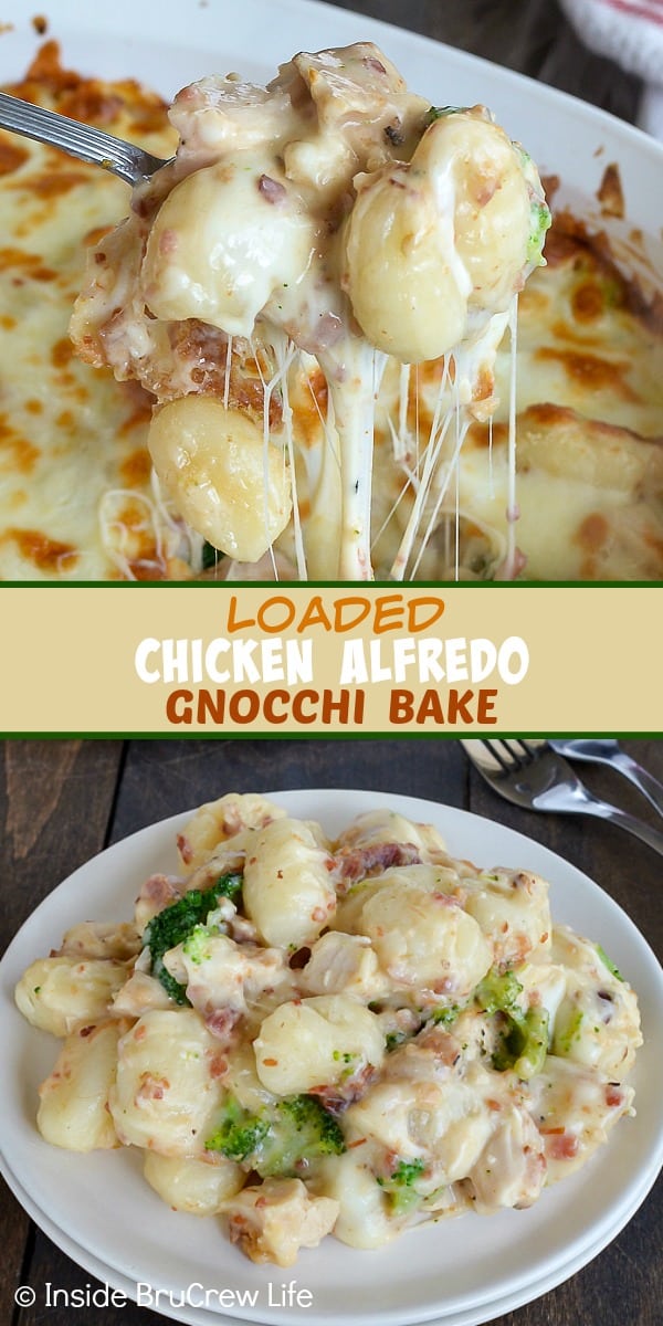 Two pictures of Loaded Chicken Alfredo Gnocchi Bake collaged together with a yellow text box
