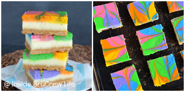 Two pictures of rainbow vanilla cheesecake bars collaged together.