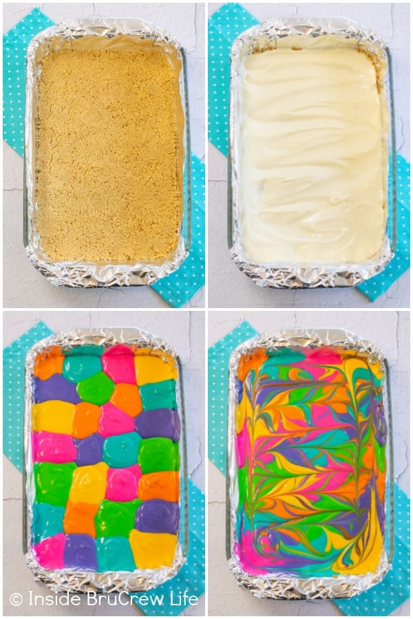 Four pictures collaged together showing how to put the colors on cheesecake bars and swirl them.