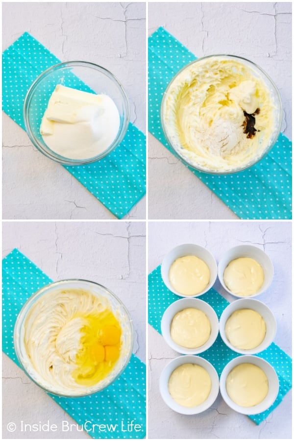 Four pictures collaged together showing the steps to making batter for vanilla cheesecake bars