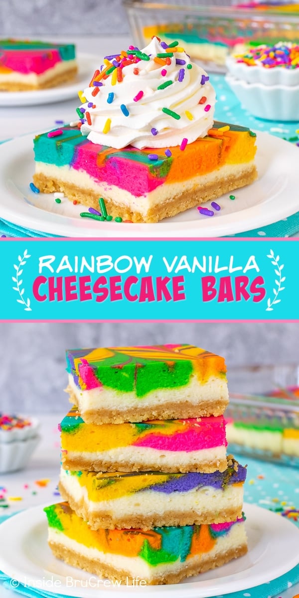 Two pictures of Rainbow Vanilla Cheesecake Bars collaged together with a blue text box.