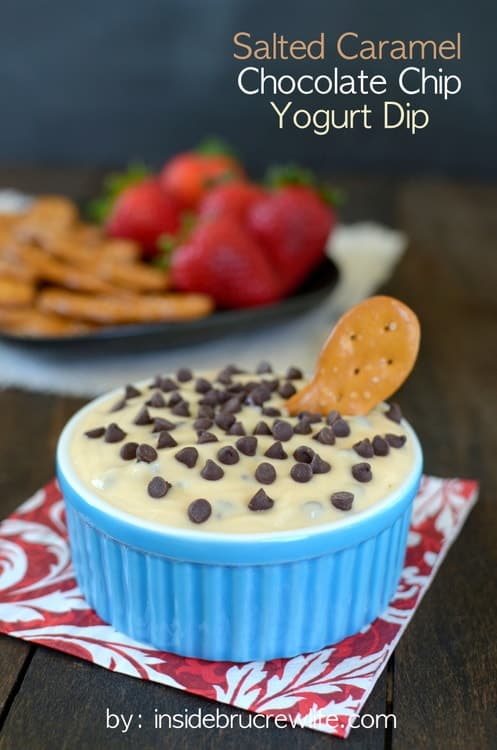 Salted Caramel Chocolate Chip Yogurt Dip - caramel and chocolate chips in yogurt is a delicious and light snack to calm that sweet tooth