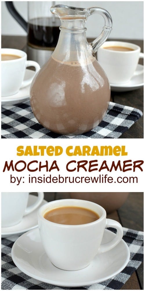 Two pictures of salted caramel mocha creamer collaged together with a white text box