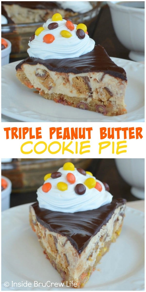 Two pictures of triple peanut butter cookie pie collaged together with a white text box