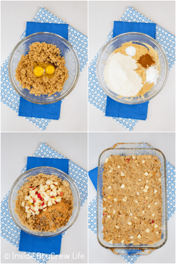 Four pictures collaged together showing how to make the batter for apple blondies.