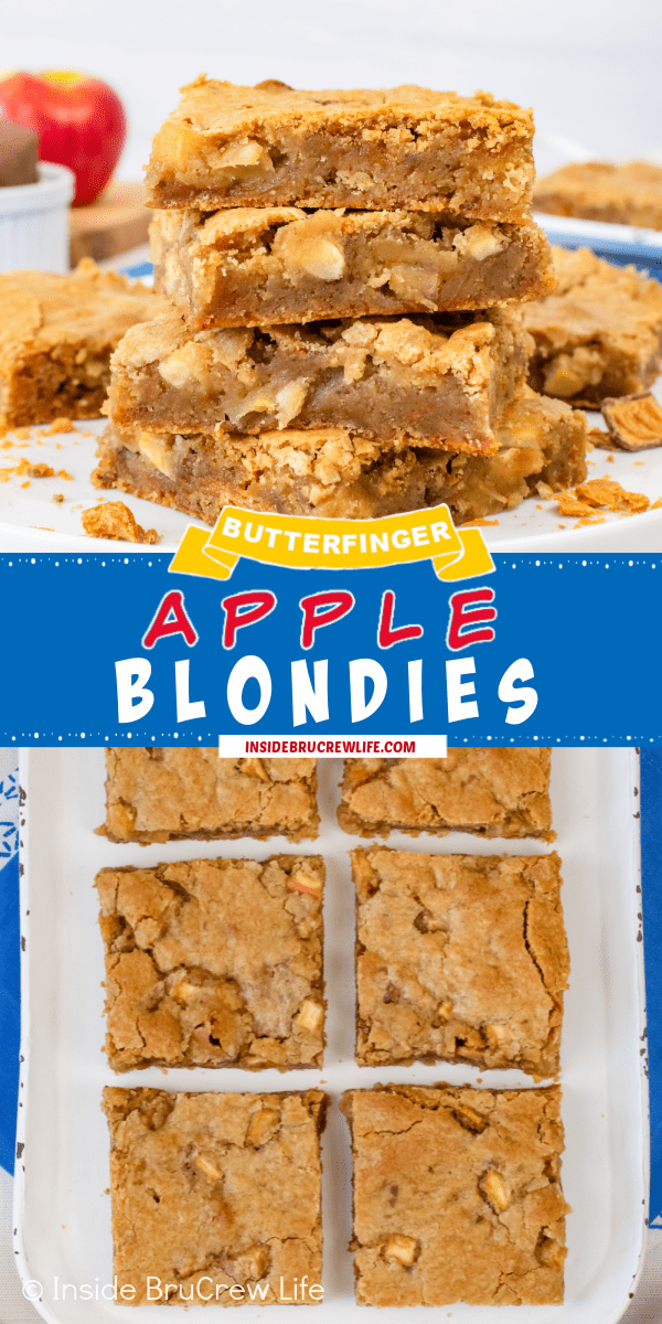 Two pictures of butterfinger apple blondies collaged together with a blue text box.