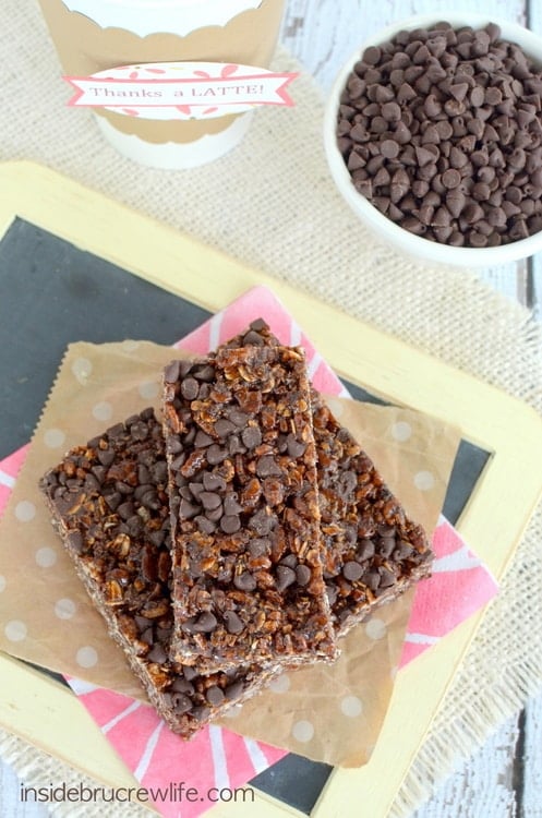 Overhead picture of a stack of cappuccino chip granola bars