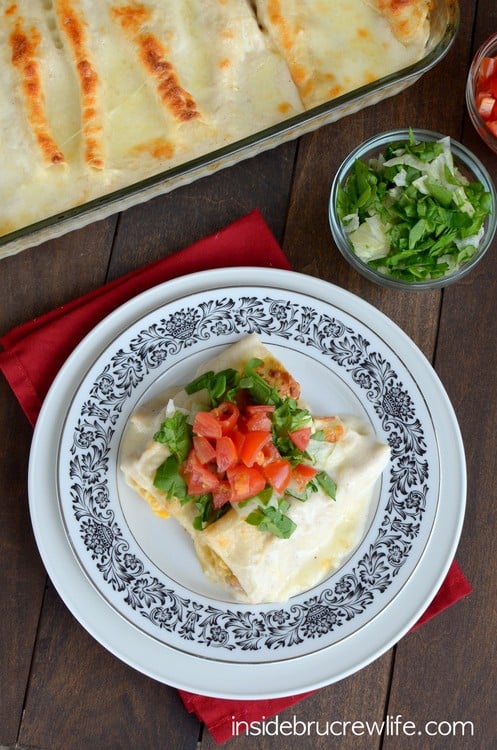 Chicken Bacon Alfredo Enchiladas - easy chicken and bacon filling inside tortillas with Alfredo and cheese. Great dinner in a hurry!