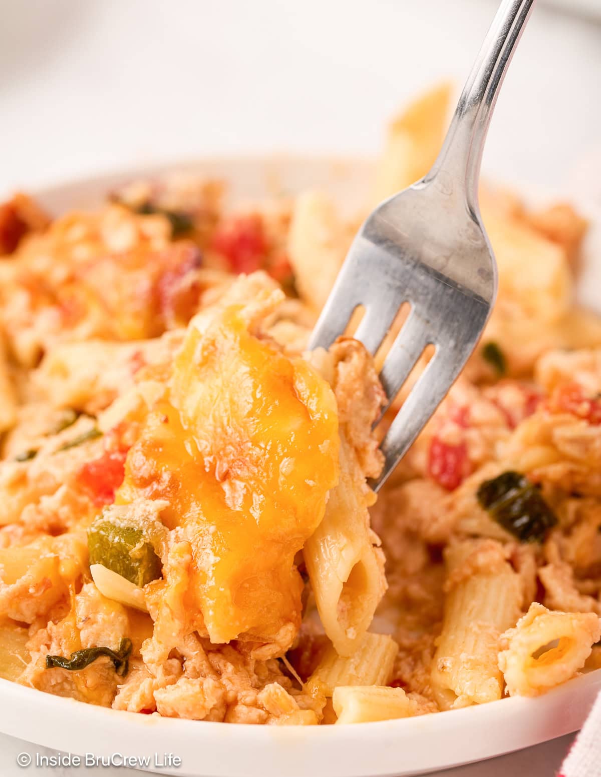 A plate of chicken bacon ranch pasta with a fork lifting out a bite.