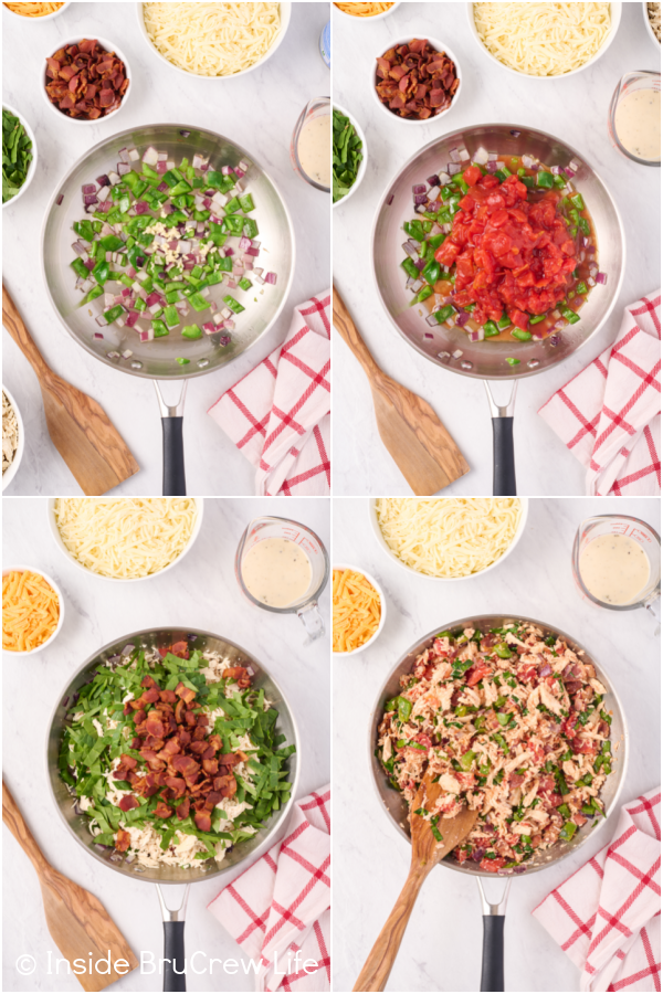 Four pictures collaged together showing how to make a chicken bacon filling in a skillet.