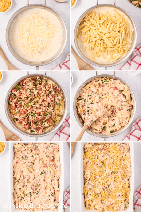 Six pictures collaged together showing the steps to making cheesy bacon pasta and topping it with cheese.