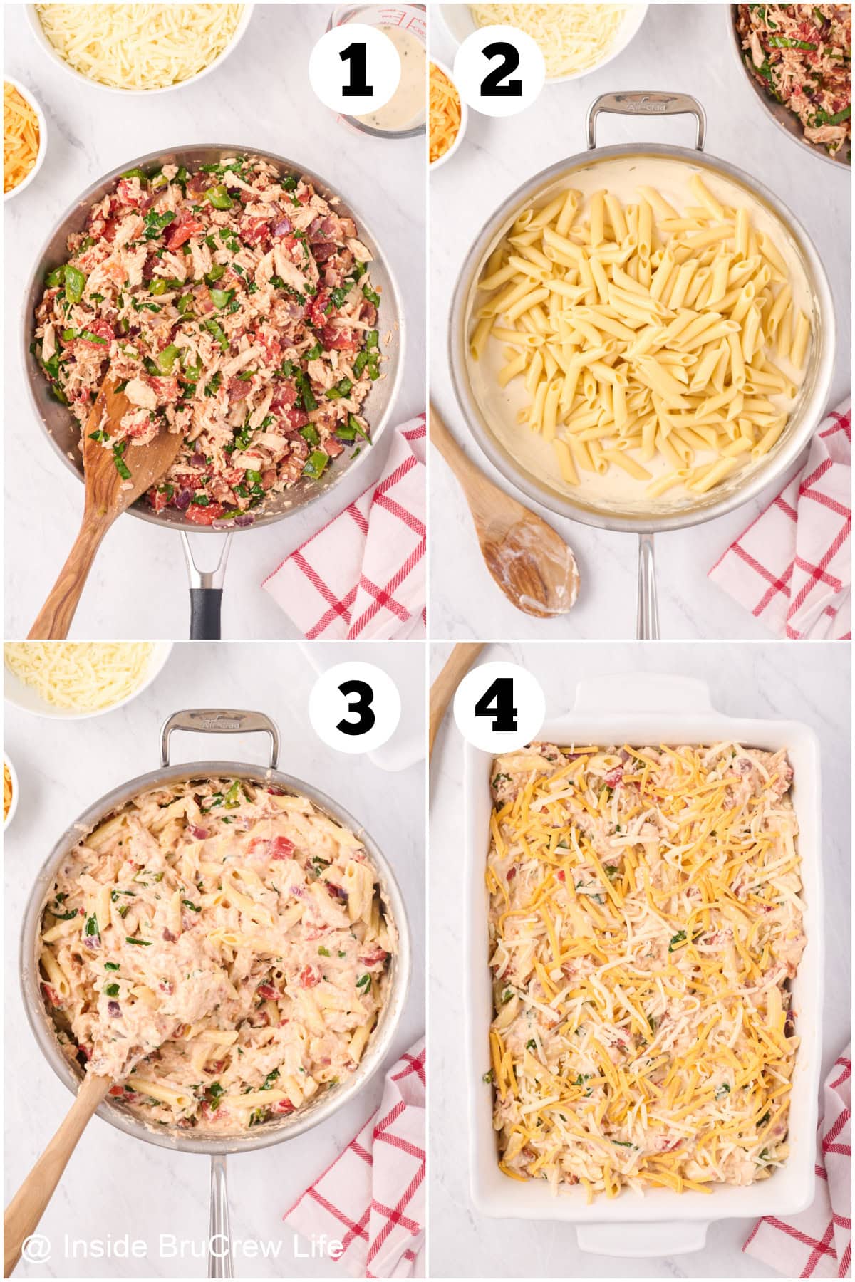 Four pictures collaged together showing how to make cheesy pasta.