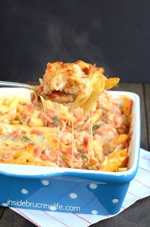 Chicken Sausage Pasta Bake - meat and pasta topped with lots of ooey, gooey cheese makes a comfort food dinner recipe in under 40 minutes