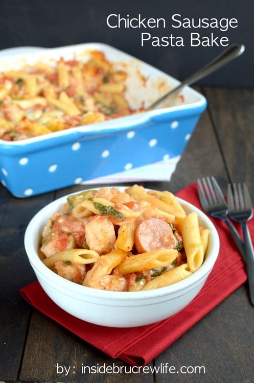 Chicken Sausage Pasta Bake - this easy pasta is loaded with meat, veggies, and cheese. Easy dinner recipe for busy nights.