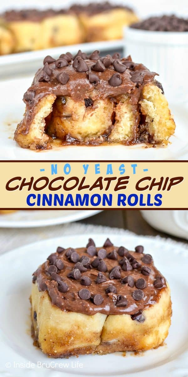 Chocolate Chip Cinnamon Rolls - chocolate frosting and chocolate chips add a sweet flair to these no yeast cinnamon rolls. Make this easy recipe for breakfast or brunch parties! #cinnamonrolls #noyeast #chocolate #breakfast