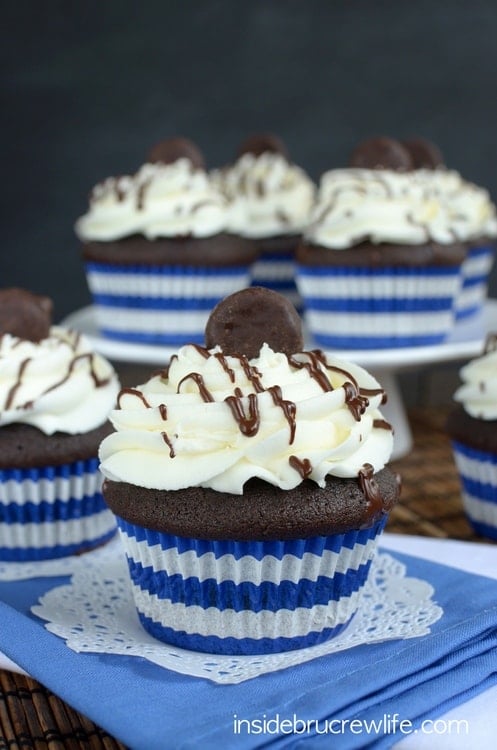 Homemade dark chocolate cupcakes topped with a peppermint frosting and mini Peppermint Patties. These are so good!