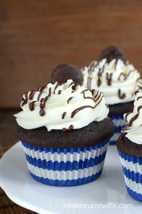 Homemade dark chocolate cupcakes topped with a peppermint frosting and mini Peppermint Patties. These are so good!