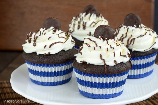 Homemade dark chocolate cupcakes topped with a peppermint frosting and mini Peppermint Patties. These are so good!