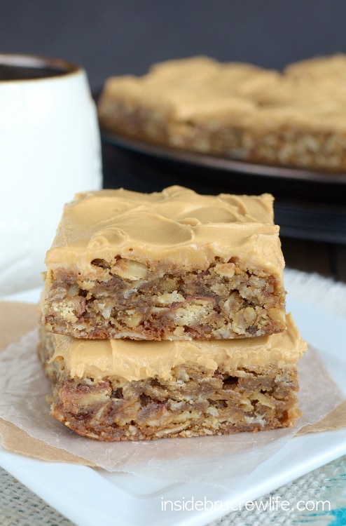 These oatmeal bars are filled with Twix candy bars and topped with a coffee frosting.  They never last long in our house!