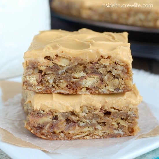 These oatmeal bars are filled with Twix candy bars and topped with a coffee frosting.  They never last long in our house!