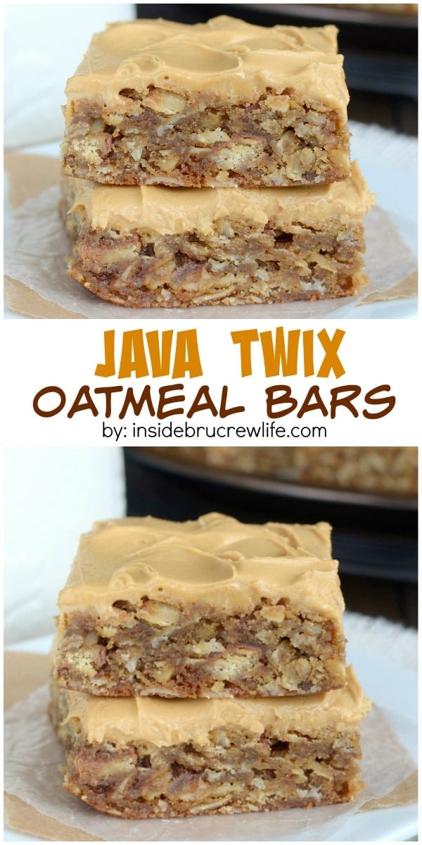 These oatmeal bars are filled with Twix candy bars and topped with a coffee frosting.  They never last long in our house!