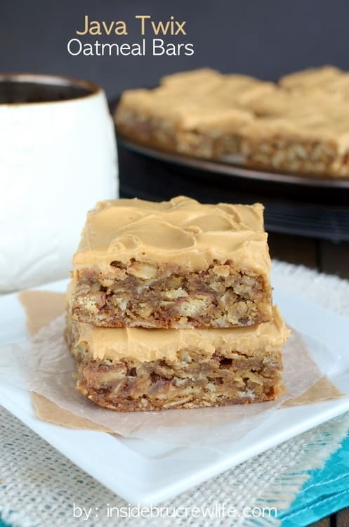 These oatmeal bars are filled with Twix candy bars and topped with a coffee frosting.  They never last long in our house!
