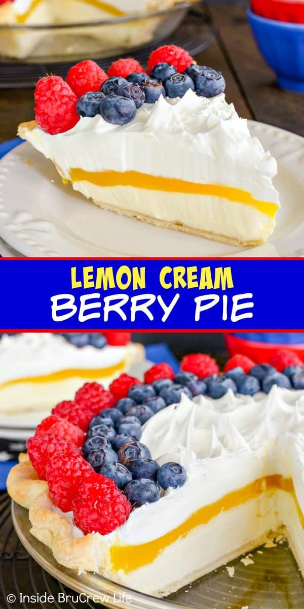 Lemon Cream Berry Pie - layers of no bake cheesecake, lemon pudding, and fresh berries makes this pie so refreshing on hot days. Make this easy recipe for summer picnics and BBQ's. #lemoncream #pie #nobakecheesecake #fourthofjuly #summerdessert