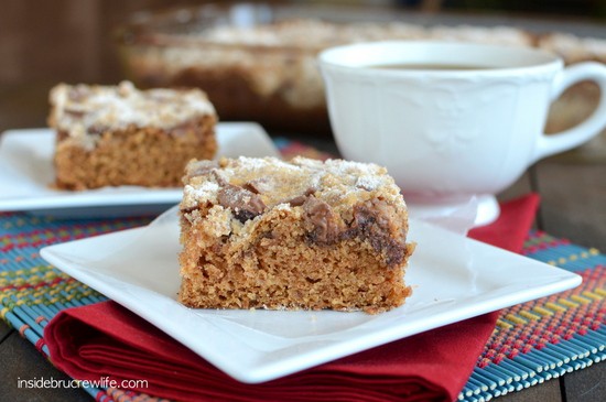 Peanut Butter Cup Coffee Cake - an easy spice crumble cake with peanut butter cups baked on top