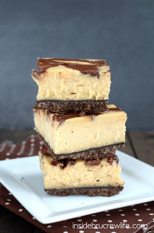 Peanut Butter Nutella Cheesecake Bars - peanut butter cheesecake bars with a fun Nutella drizzle baked on top