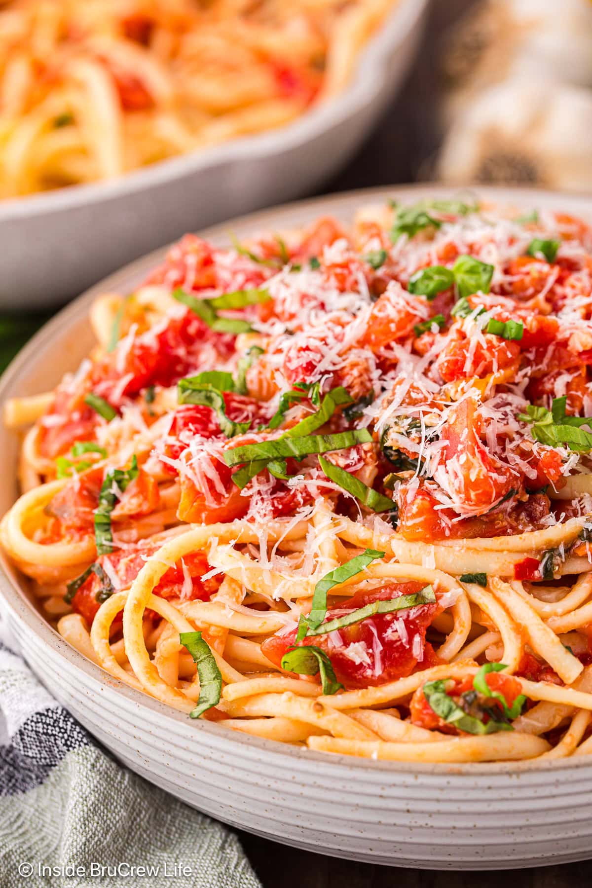 A big bowl of tomato pasta topped with cheese and basil.