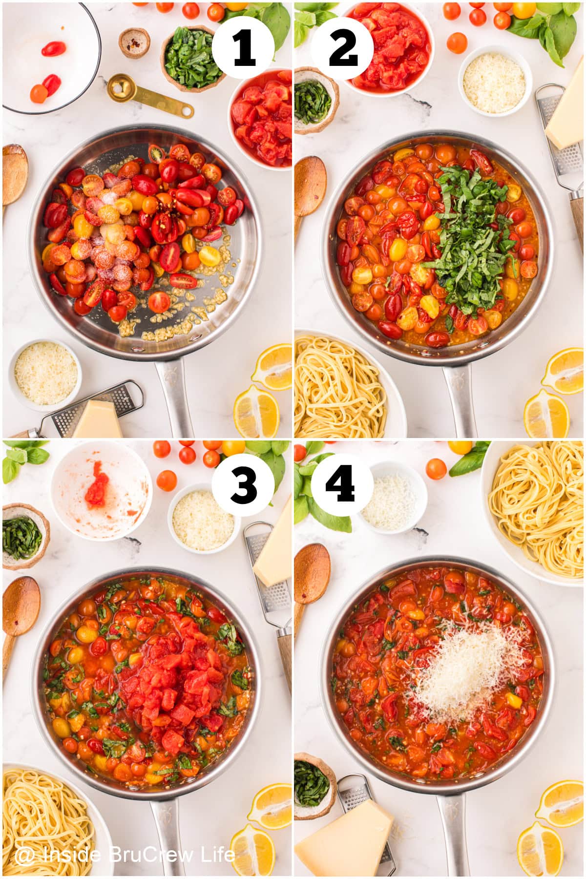 Four pictures collaged together showing how to make a fresh tomato sauce.