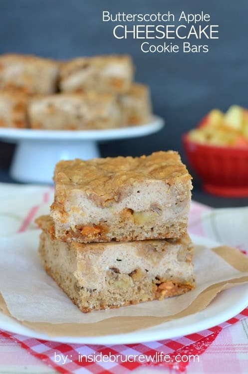 Butterscotch Apple Cheesecake Cookie Bars - layers of creamy cheesecake in between a butterscotch and apple cookie