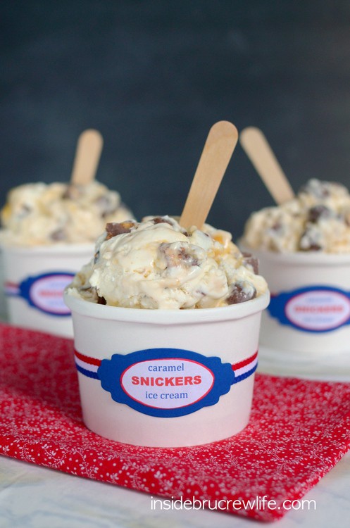 Caramel Snickers Ice Cream - Snickers bars and caramel turn this easy NO MACHINE ice cream into a fun treat