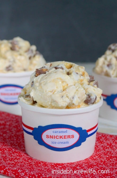 Caramel Snickers Ice Cream - Snickers bars and caramel turn this easy NO MACHINE ice cream into a fun treat