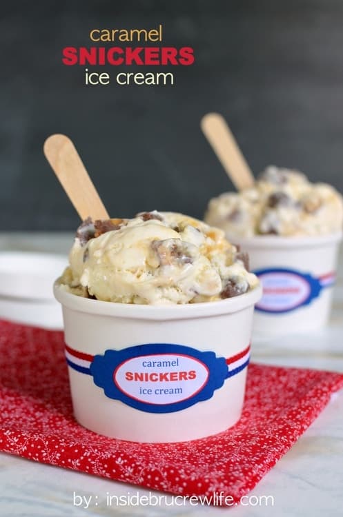 Caramel Snickers Ice Cream - Snickers bars and caramel turn this easy NO MACHINE ice cream into a fun treat