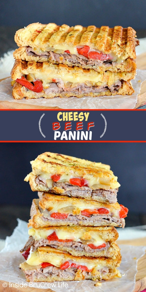 Two pictures of Cheesy Beef Panini collaged together with a black text box