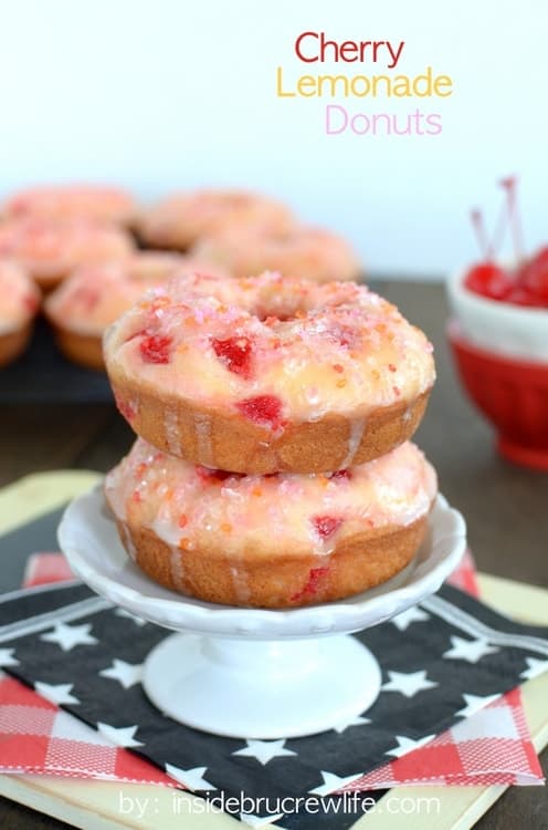 These soft baked donuts have a refreshing and light flavor from the lemonade and cherry pieces.