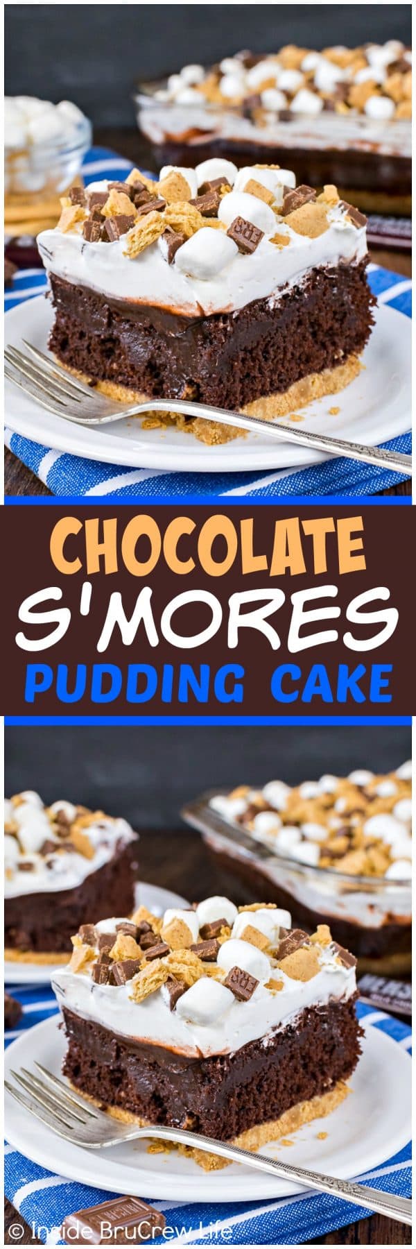 Two pictures of chocolate s'mores pudding cake collaged together with a dark brown text box