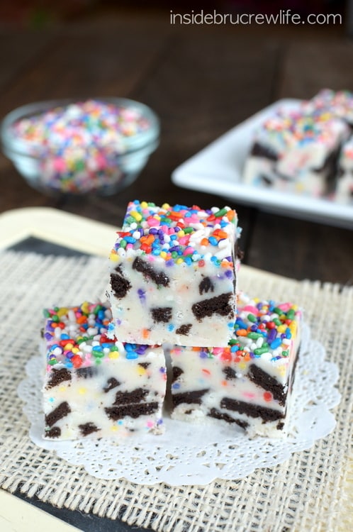 This easy vanilla fudge is loaded with Oreo cookies and sprinkles making it so fun to eat and share